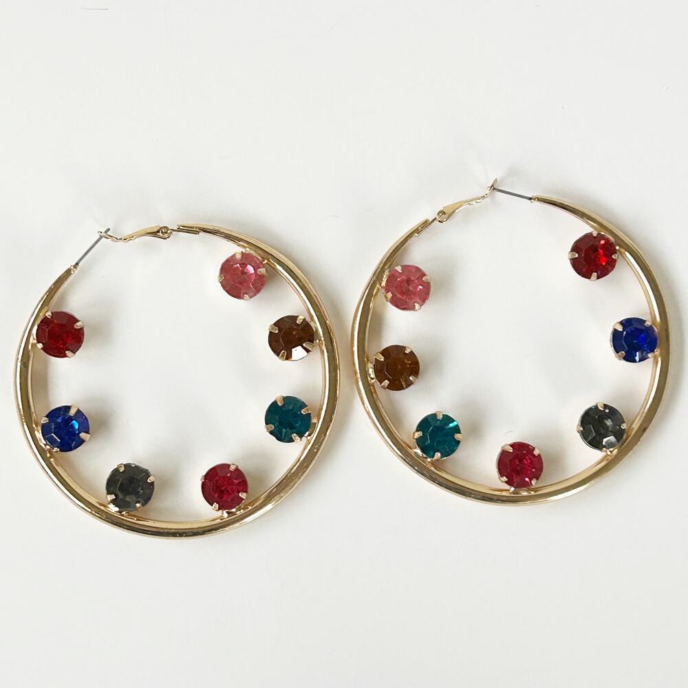 Large Gold Tone Hoop Earrings with Multi Color Rhinestones